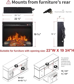 23 Electric Fireplace Insert, Realistic Flame & Logs, Fireplace Heater with Adjustable Thermostat & Flame Brightness, Remote, 8H Timer, Overheating Protection, 1400W (23 W X 19 3/4 H)