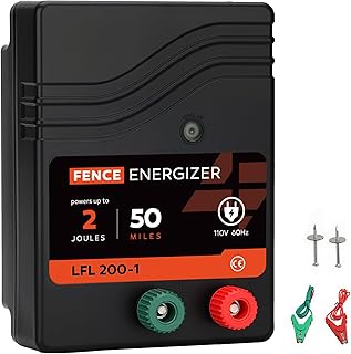Electric Fence Charger AC Powered 50 Miles 165 Acres, 110 Volt 2 Joule Plug-in Electric Fence Energizer, Output Voltage Max 10 kV for Livestock, Preventing Predators from Intruding