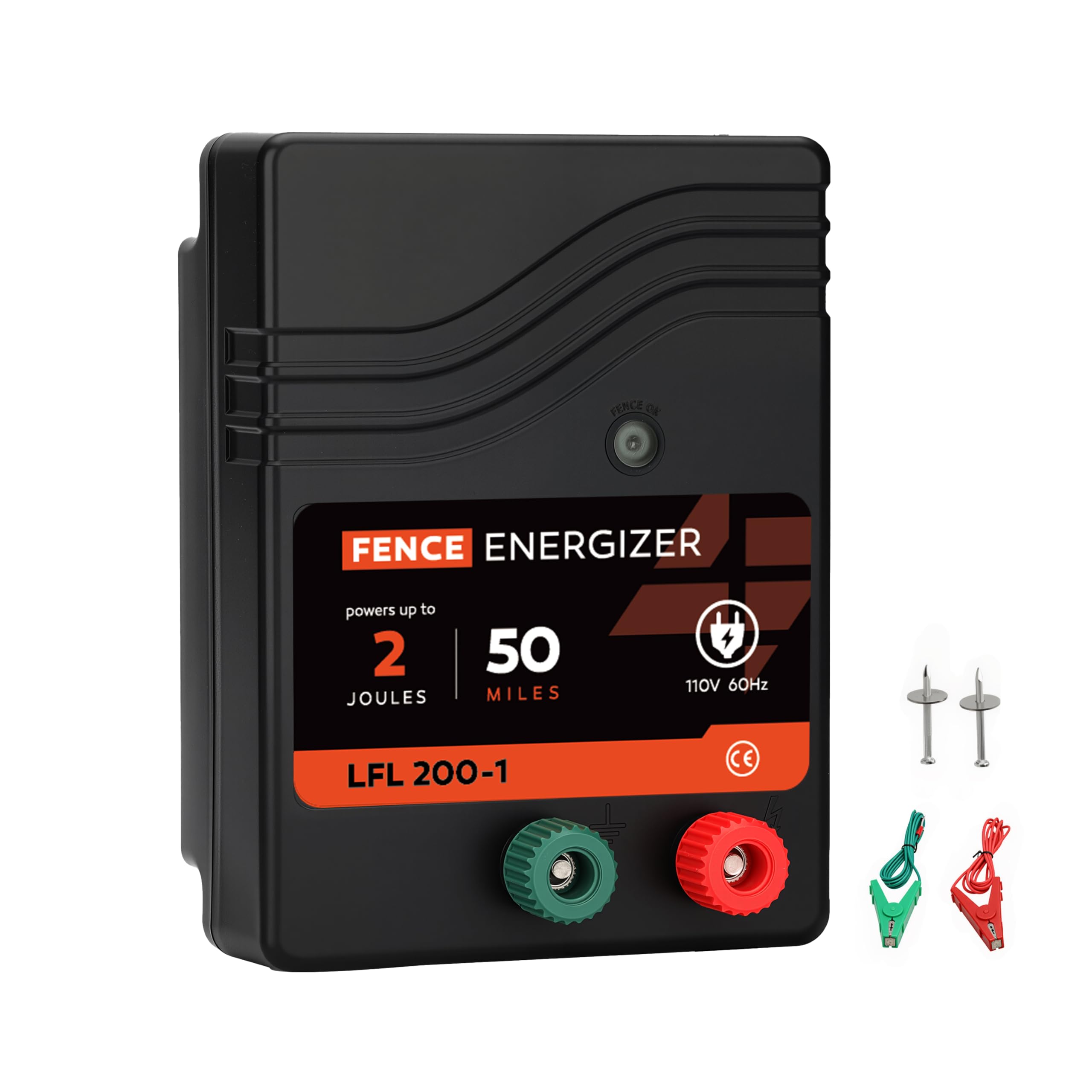 Electric Fence Charger AC Powered 50 Miles 165 Acres, 110 Volt 2 Joule Plug-in Electric Fence Energizer, Output Voltage Max 10 kV for Livestock, Preventing Predators from Intruding