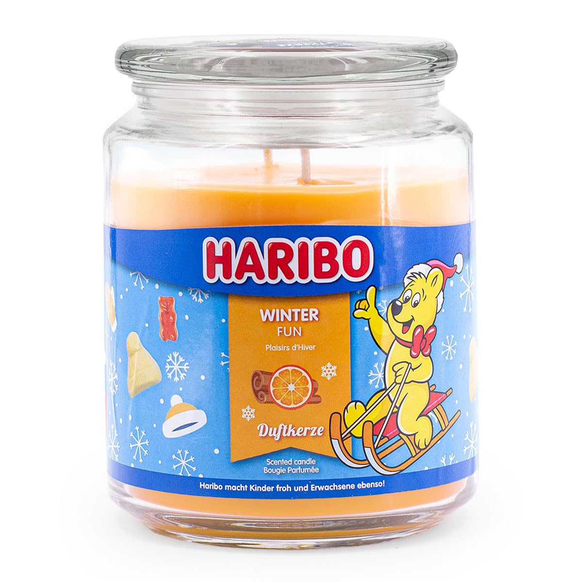 Haribo Scented Candle in Jar | Winter Fun 510 g | Winter Sweet Spicy Scent | Double Wick | 100h Burn Time | Candle in Jar | Christmas Gift Idea