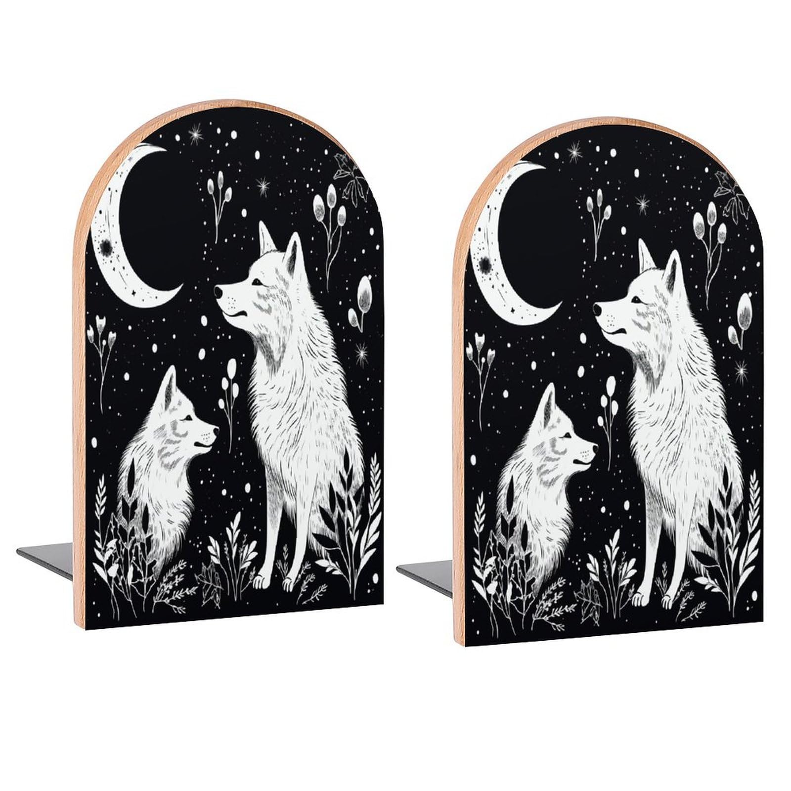 Black White Wolf Book Ends Decorative Wood Bookends for Shelves Kids Room Desk Home Office Book Stoppers for Magazines,Books, DVDs, 1 Pair/2 Pieces(