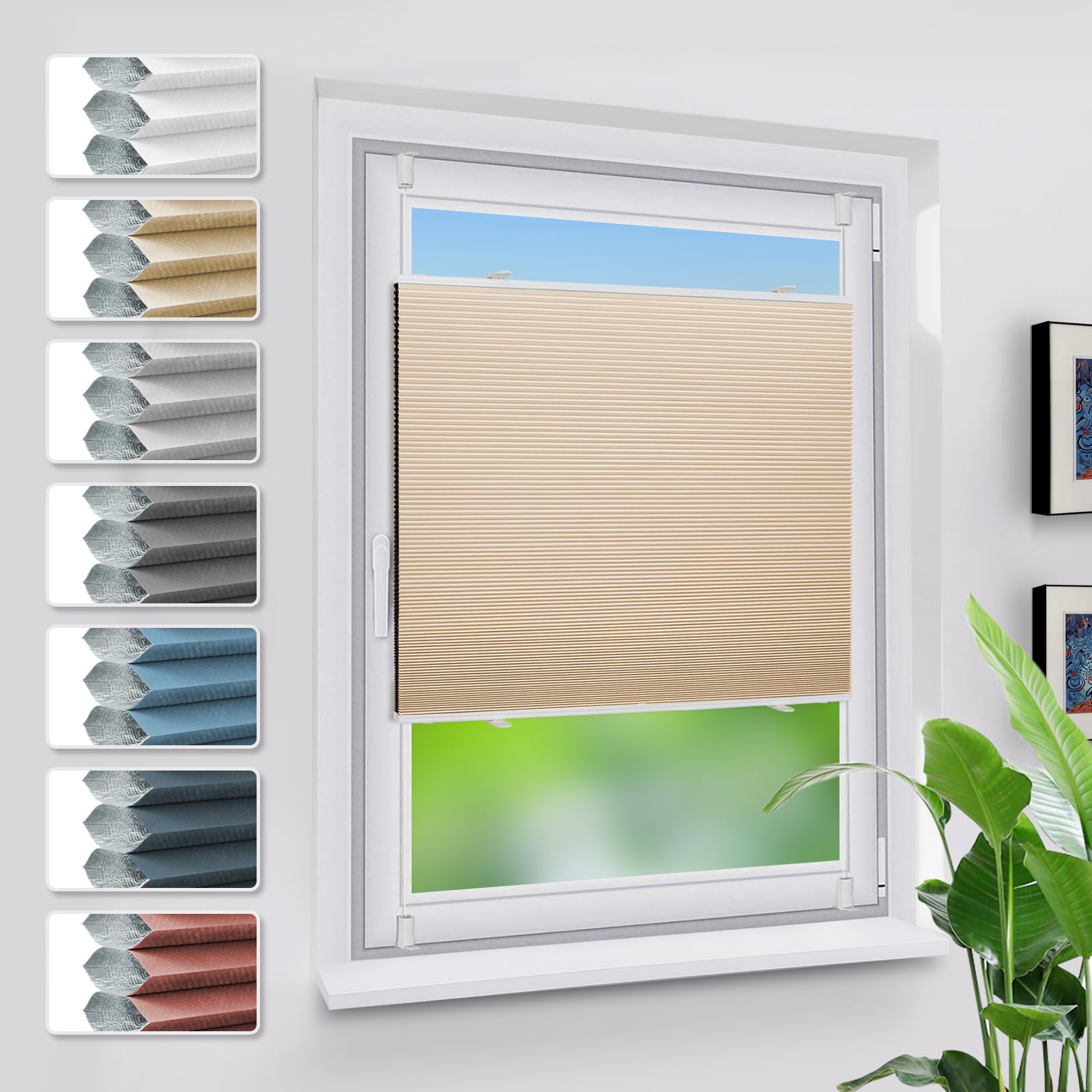 Grandekor Verdunklungsplissee Wabenplissee ohne Bohren Weiß-Beige 55x130cm (BxH) Klemmfix Plissee ohne Bohren Verdunkelung Thermo Rollo Wärmedämmung, Privatsphäre - & Sonnenschutz