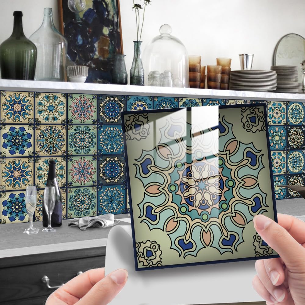 25pc Tile Stickers,Retro Traditional Wall Tile Transfers Stickers Self-Adhesive Peel and Stick Waterproof Kitchen Bathroom DIY Backsplash (6x6in,15x15cm)