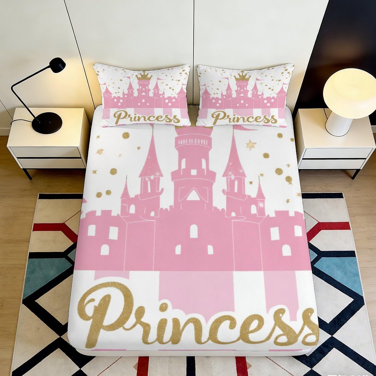 3D Printed Pink Princess Castle Fitted Sheet Microfiber Soft Bed Cover for Bedroom, Guest Room, Dorm Decor 90x200x25cm