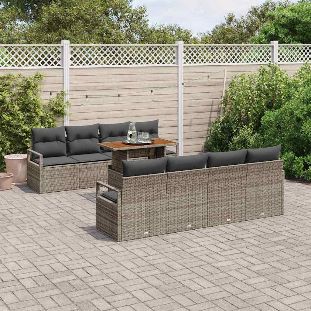 Set Divano da Giardino 9 Pz Grigio in Poly Rattan 230x62x69 cm