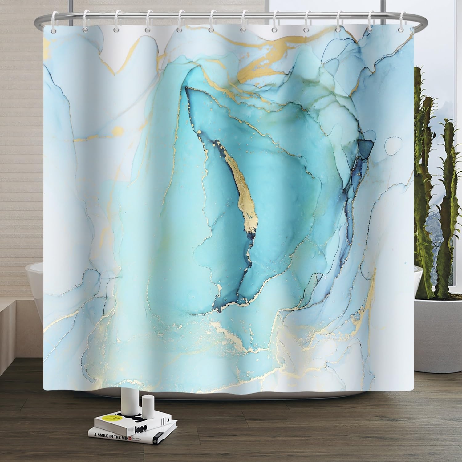 Xiaoterna Baby Blue Gold Dots Marble Shower Curtain Modern Concise Art Waterproof Bathroom Curtain Abstract Contemporary Aesthetic Washable Mildew Resistant Polyester Bathroom Decoration 200x180cm โ image 1