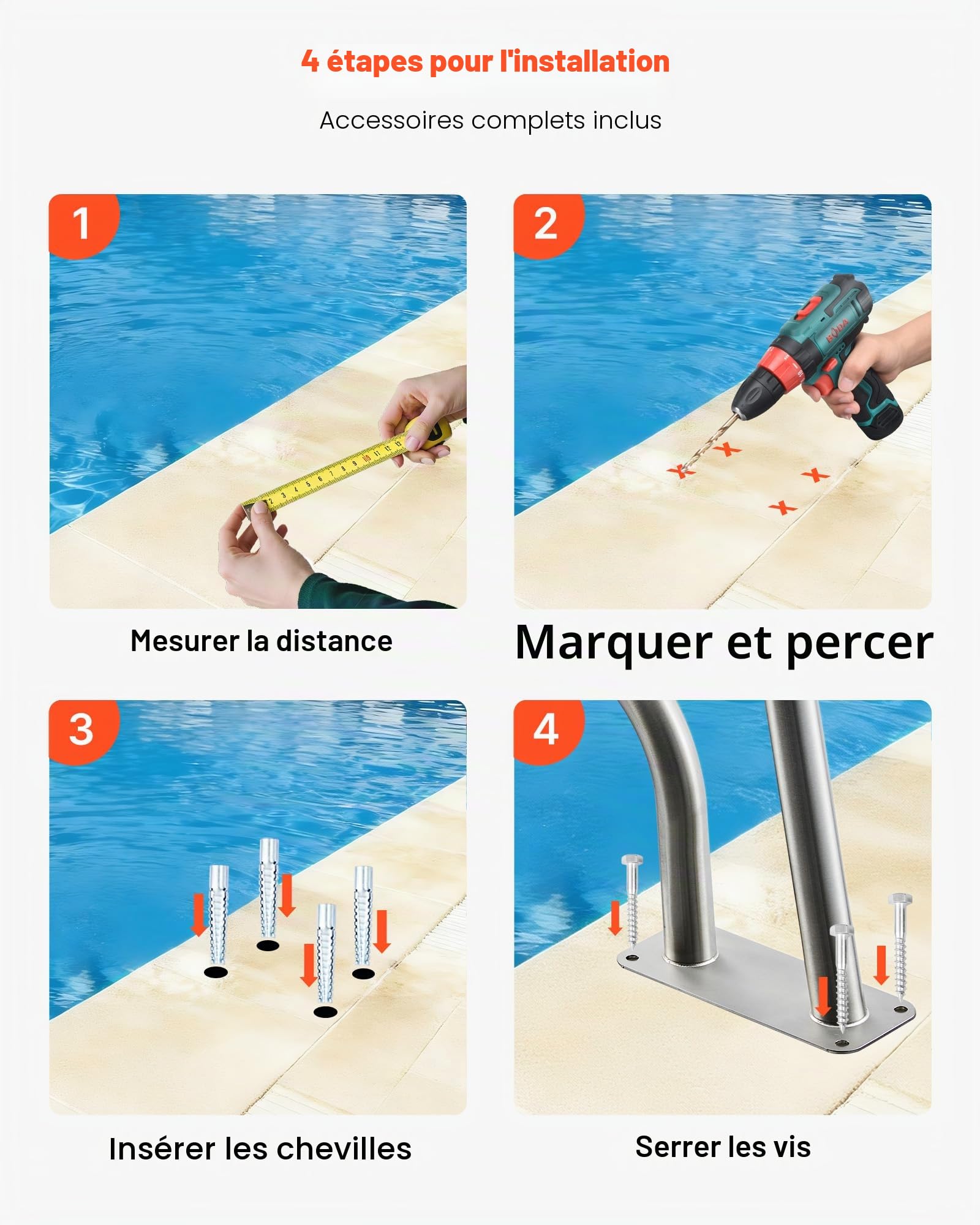 VEVOR Rail de piscine 30x22 Garde-corps de piscine en acier inoxydable 304, 250LBS Main courante de piscine, humanisée avec couvercle de poignée bleu et mèche M8 et vis autotaraudeuses