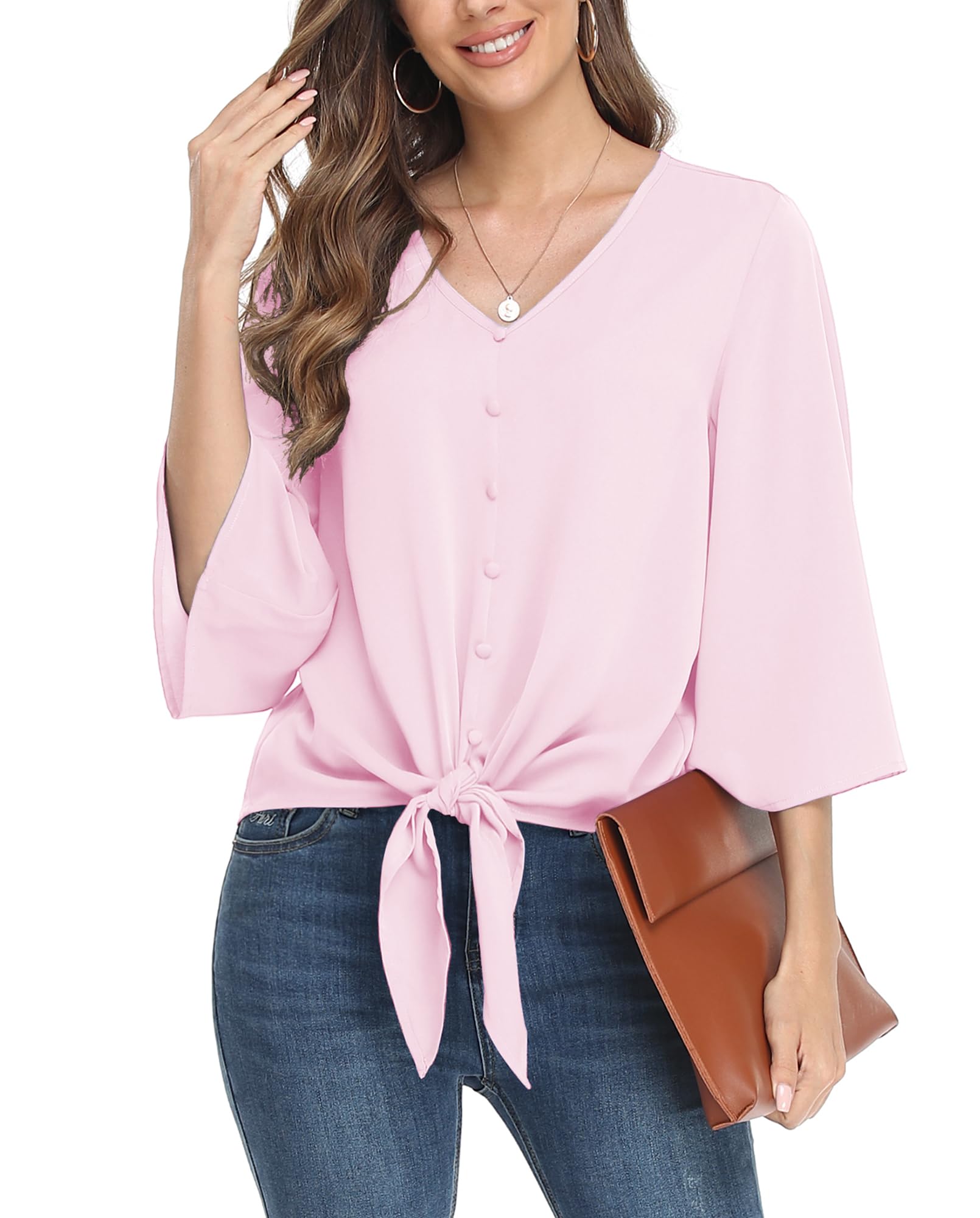VIISHOW Women's Button V Neck Chiffon Tops 3/4 Bell Sleeve Tie Knot Casual Blouses Loose Summer Shirts
