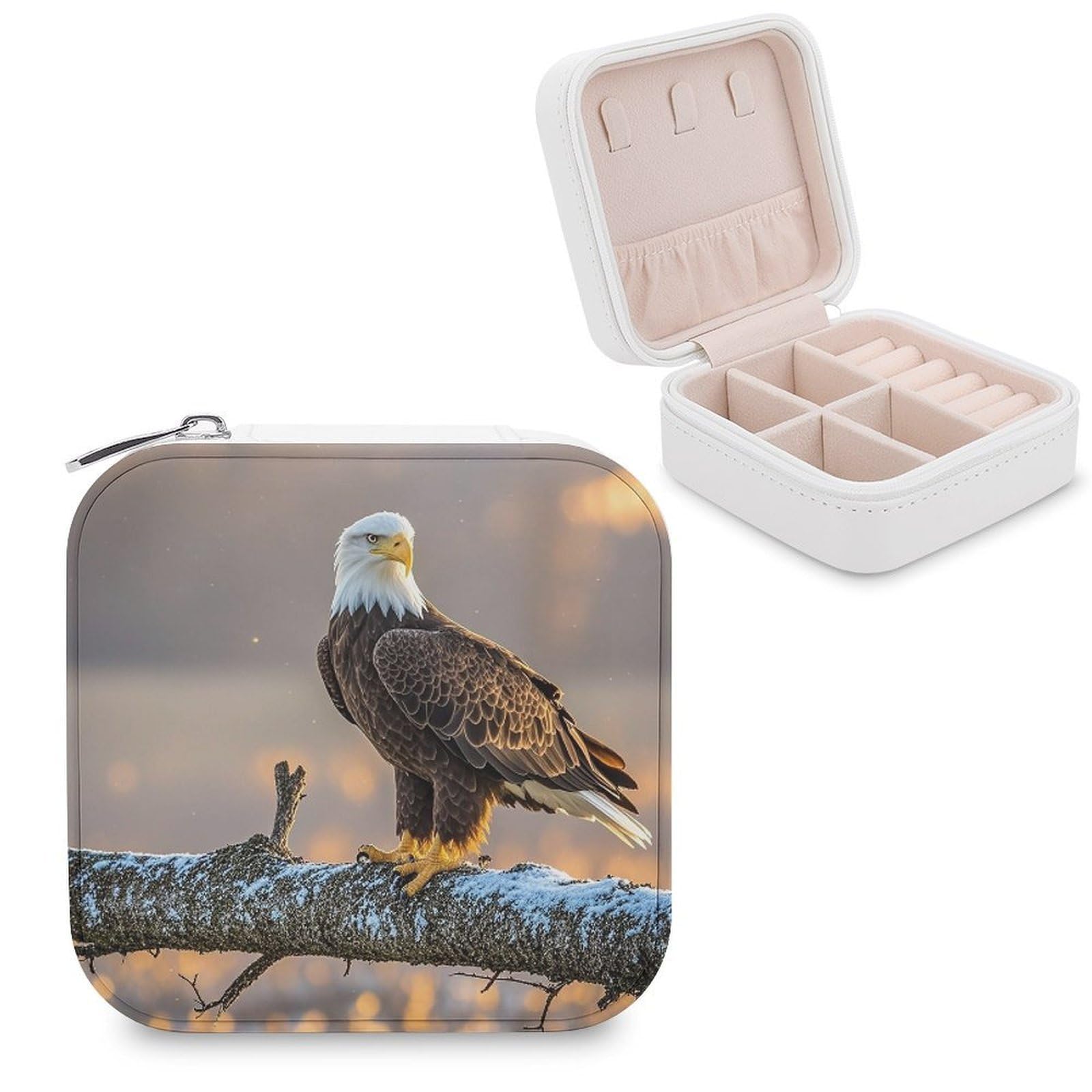 LZQPOEAS Golden Sunset Bald Eagle Jewelry Box Mini Jewelry Travel Case Trendy Stuff Ring Box Custom PU Leather Jewelry Boxes Portable Jewelry Case Earring Storage Organizer for Girls Women