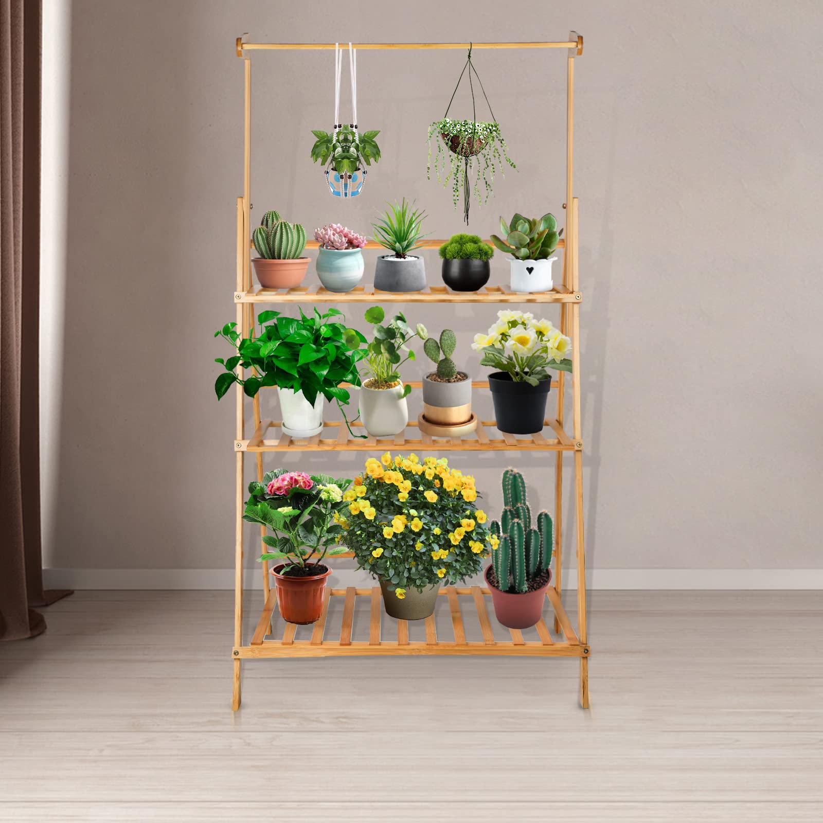 HUOLE Porte Plante Suspendue Bambou, Étagère Plante Pliable de 3 Niveaux, Echelle Fleur avec Tige Suspendue, Idéal pour Maison Balcon Terrasse Jardin - 70*40*141cm - bûches