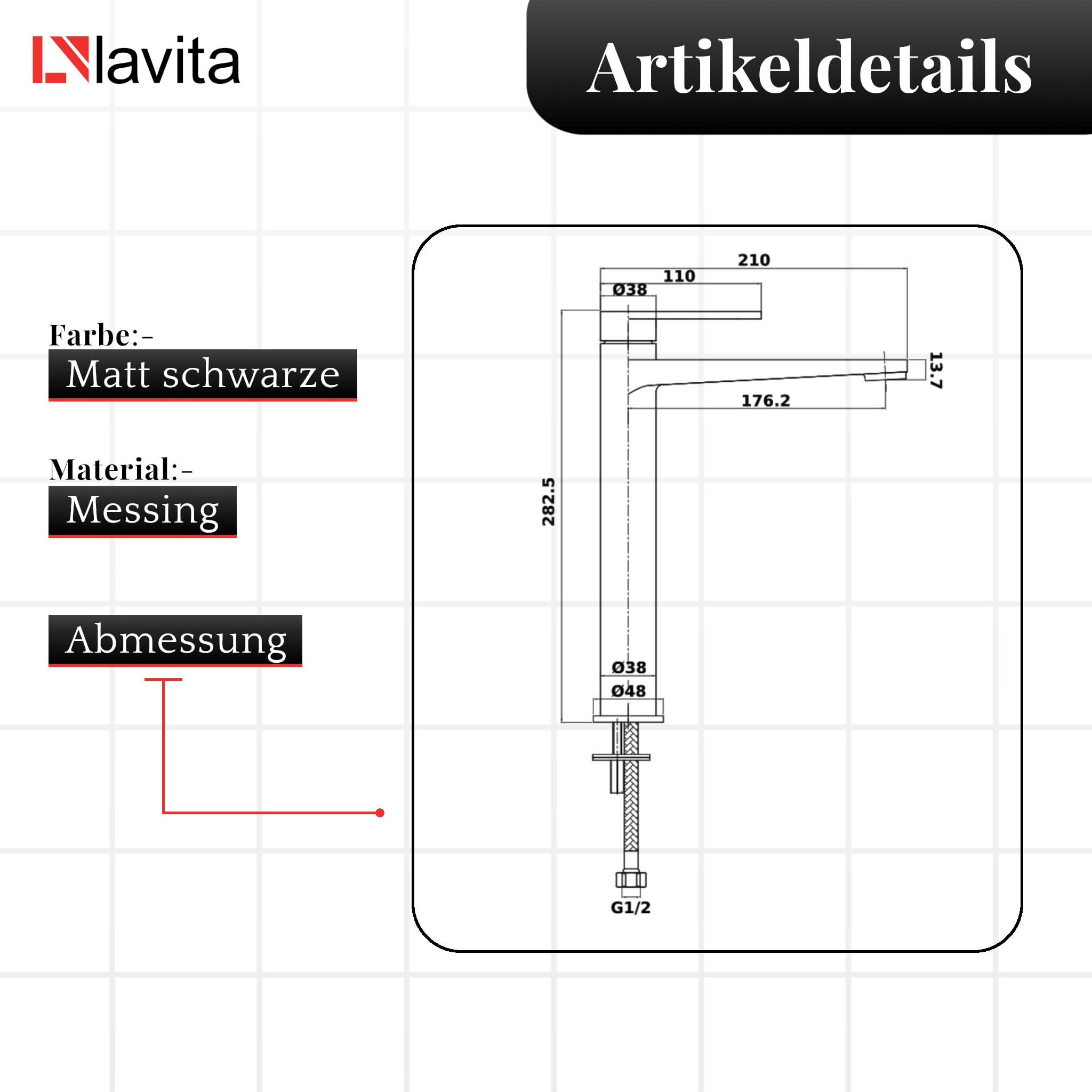 LAVITA Hoch Waschtischarmatur - Cetus Matt Schwarz Aufrechte Wasserhahn Bad Mischbatterie für Waschbecken Waschtisch-Armaturen Badezimmer Mit hoher Auslauf