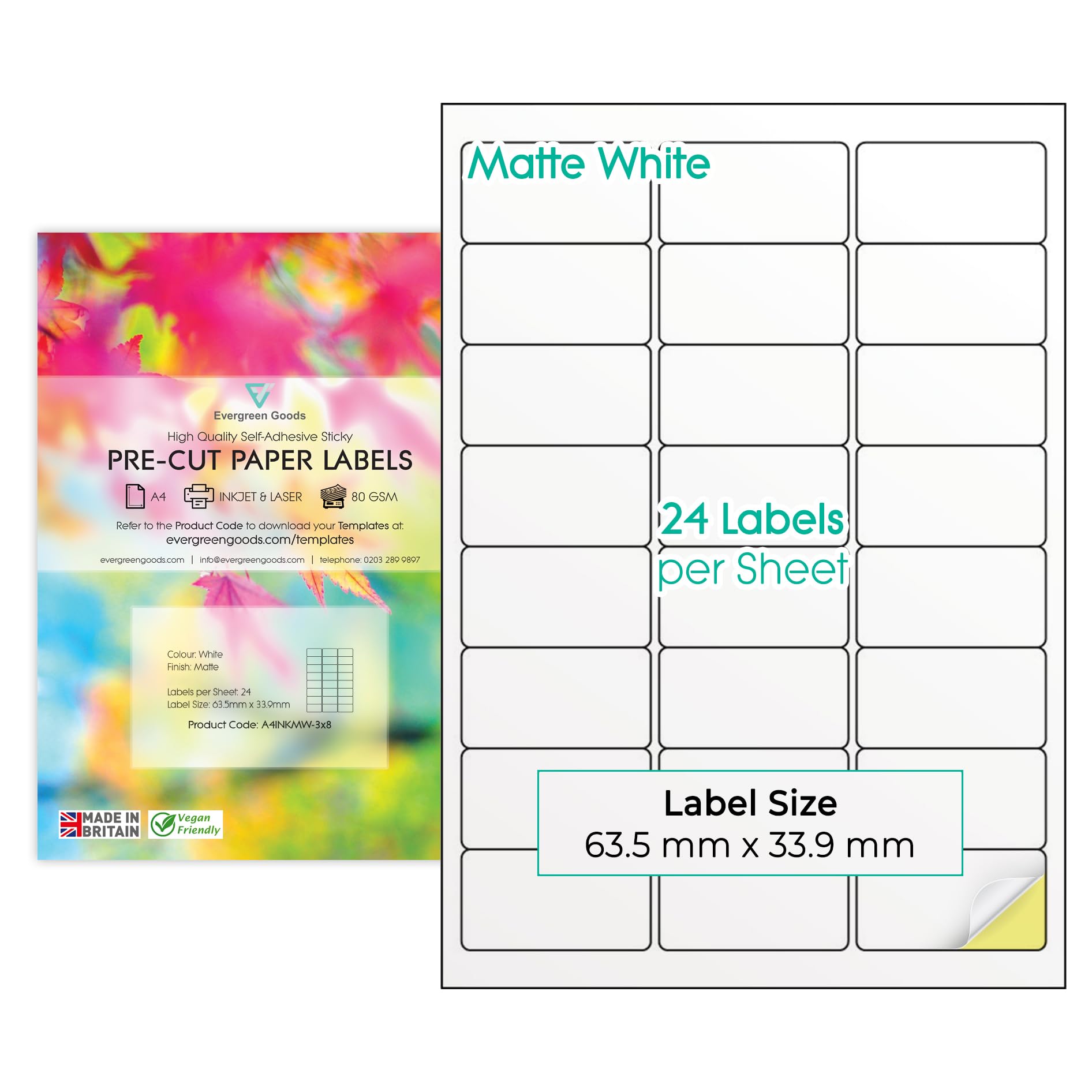 Evergreen Goods A4 Precut Multi Sticker Labels Matte White | 3x8, 24 per Sheet: 1,200 Labels in Total, 50 Sheets | Inkjet & Laser Printable | Sticky-Back Self Adhesive Multi-Purpose Printing Paper