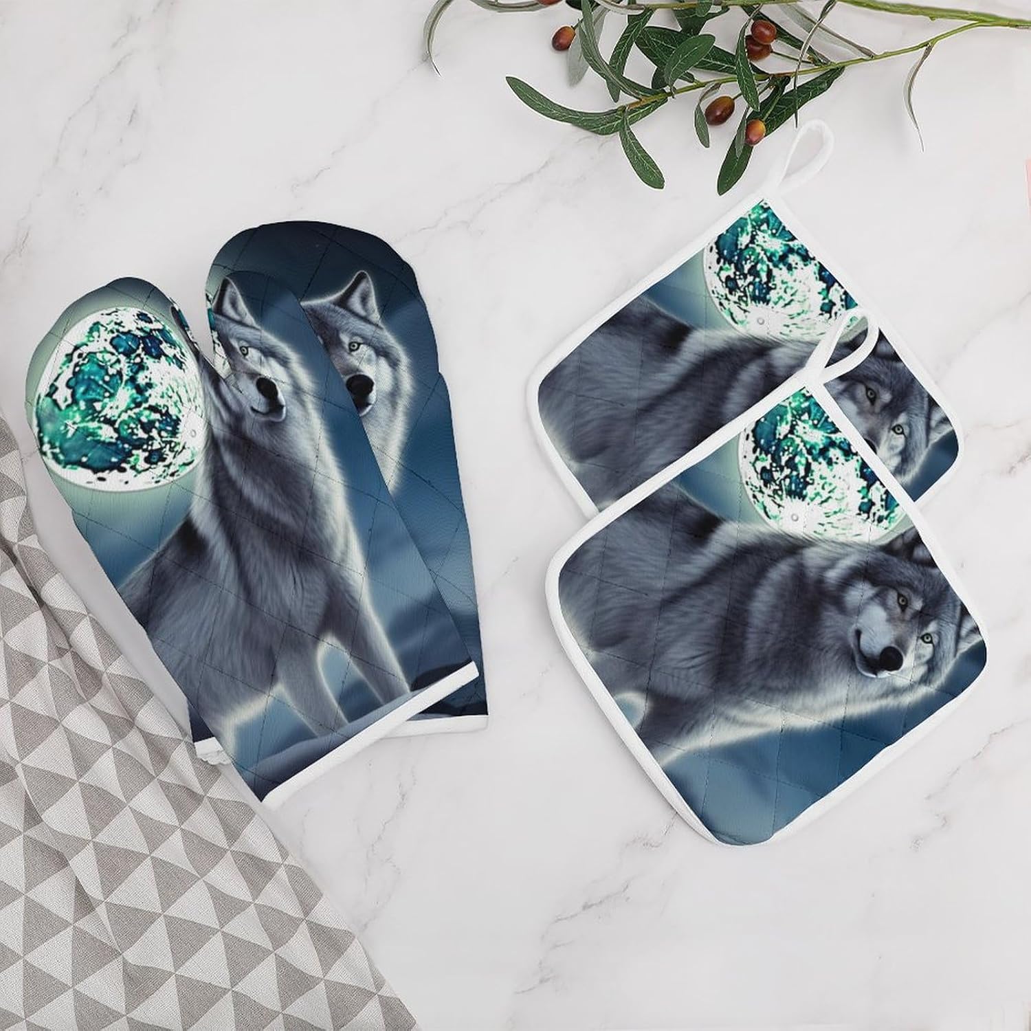 Oven Mitts and Pot Holders 4 Pcs Kitchen Oven Glove Wolf Under Moon Oven Mitt Non-Slip Oven Gloves for Cooking Heat Resistant Hot Pads for Microwave BBQ