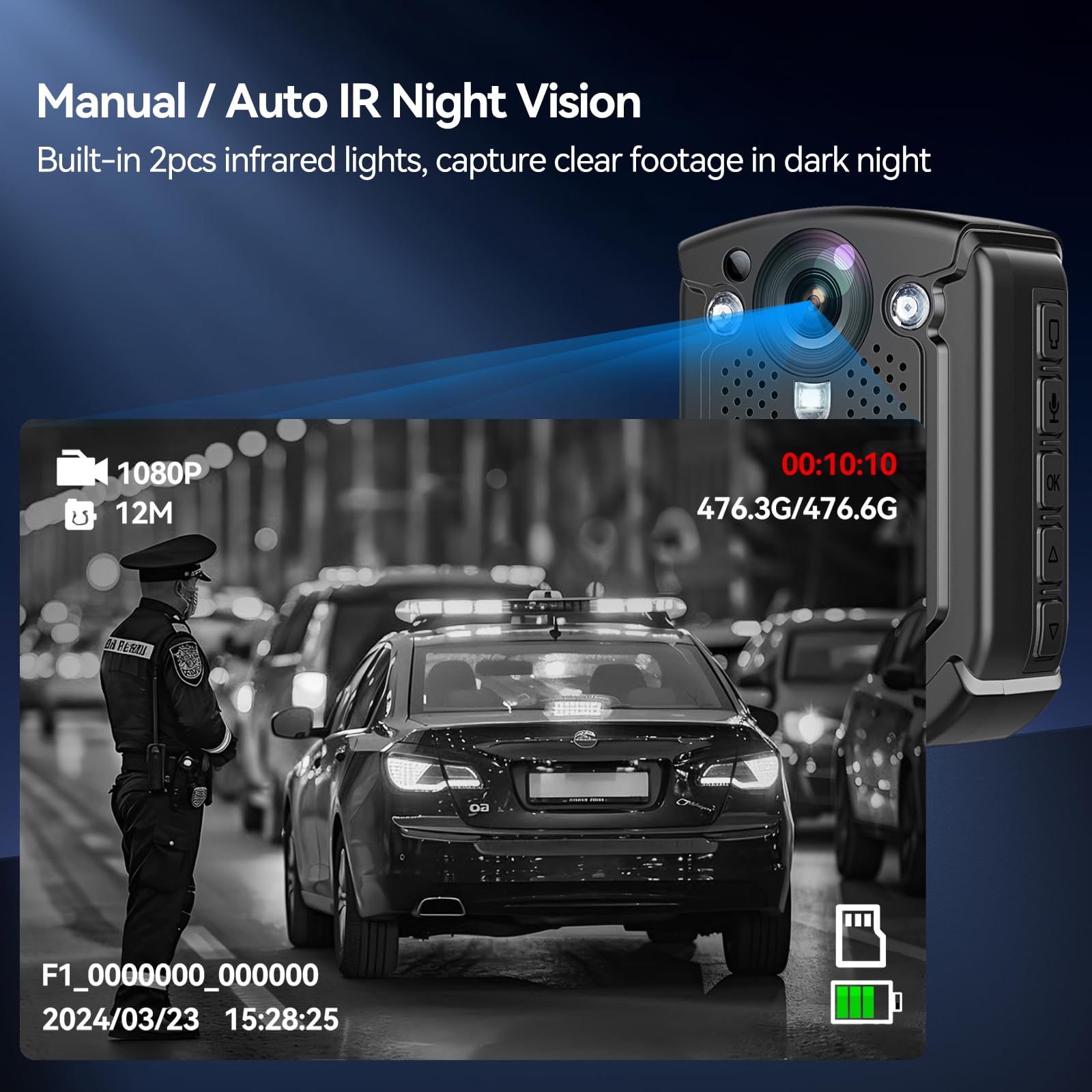 CAMMHD W1 32G HD 3840 * 2160P Body Cam 10-12 ore di Registrazione Video IP68 Impermeabile H.265 Codice Video Visione Notturna Bodycam, Fotocamera del Corpo Indossabile con 2 Clip Girevoli a 360°