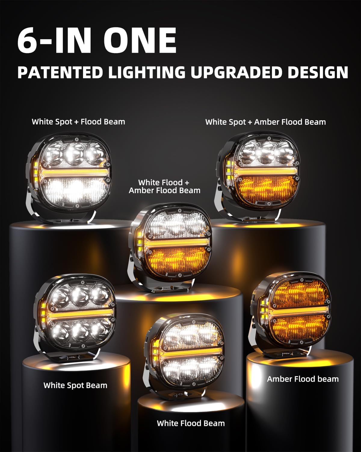 5 Inch 172W LED Light Pods,Patented 6-in-1 Modes Offroad Driving Light with Amber DRL, 270° Ultra-Wide Range Bright Side Shooter White Hyper Spot Combo Beam Universal Lights with Covers, Pair