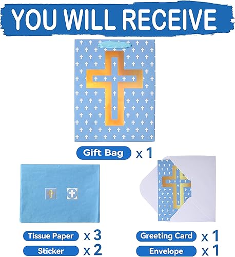Miniatura 3 de Juego de bolsa de regalo azul grande de 13 pulgadas con tarjeta de felicitación y papel de seda (diseño de cruz de aluminio), papel de seda para