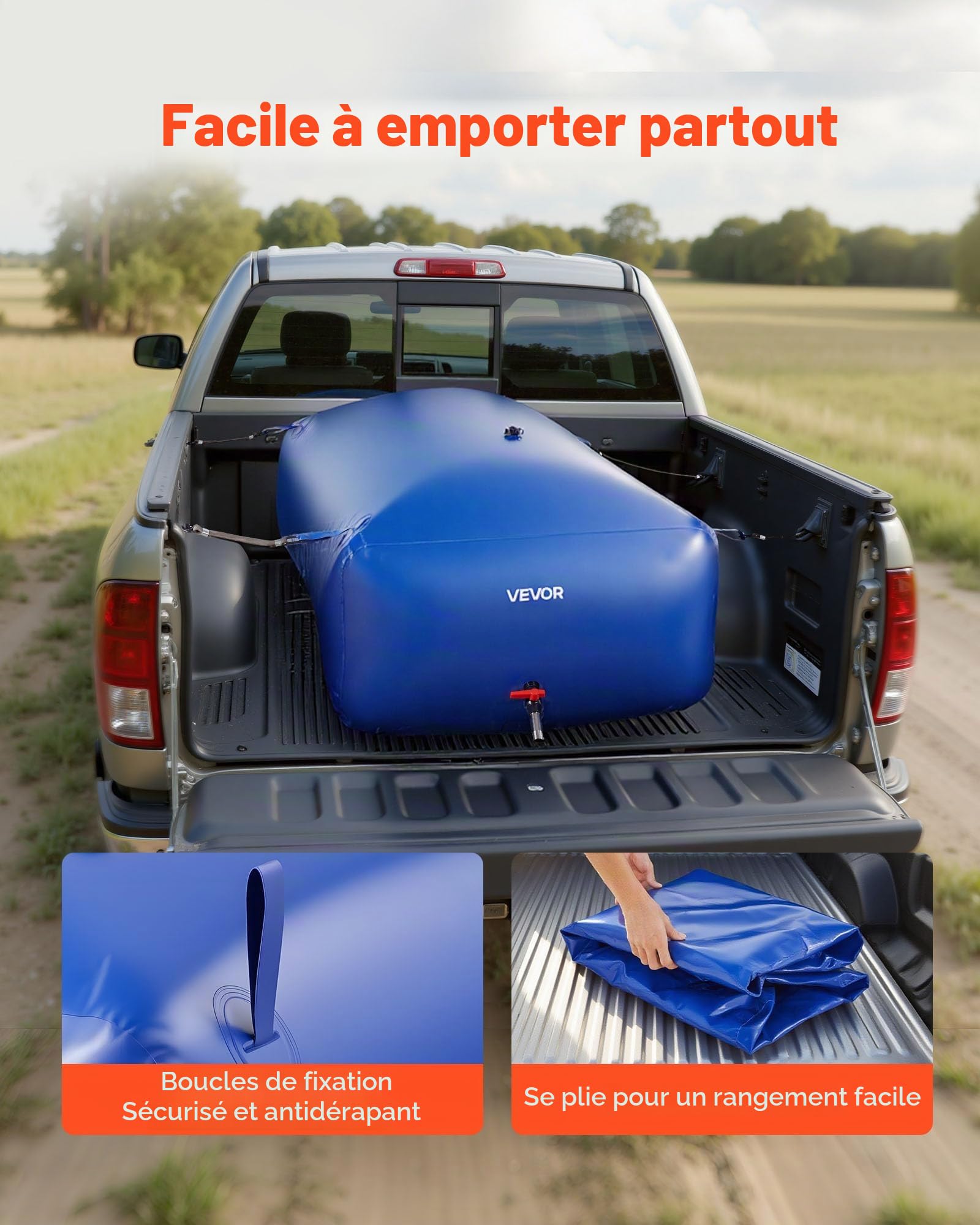 VEVOR Réservoir d'Eau Souple 1000 L Vessie de Stockage Eau Pliable, PVC Grande Capacité, pour Irrigation Jardin, Camping, Camping-car, Extérieur