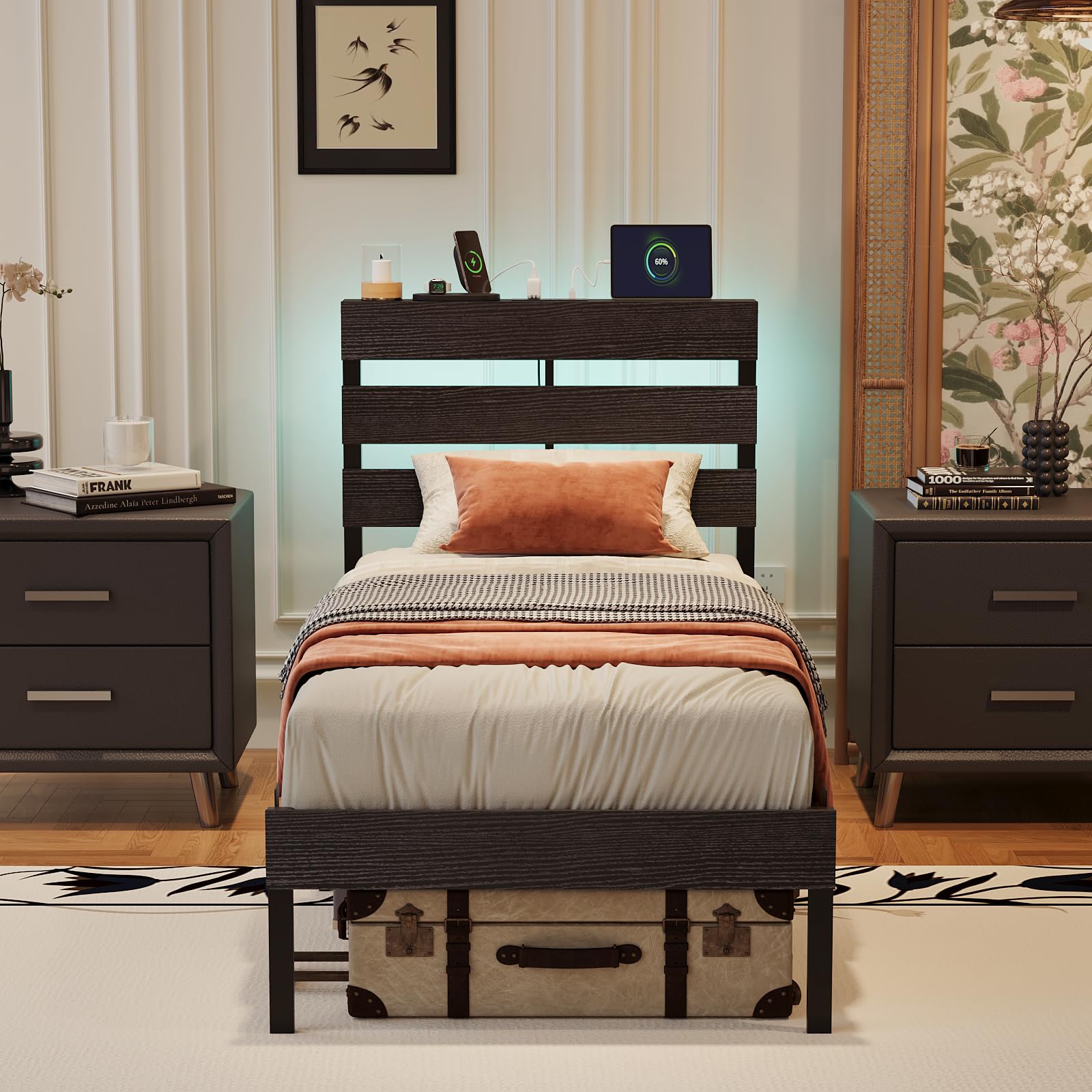 Bonnlo 3ft Single Bed Frame with Storage Headboard & LED Lights, 90x190cm, Metal Bed Frame with Charging Station (USB/Type-C/2 Outlets), UnderBed Storage/Enhanced Support Noise Free, Black
