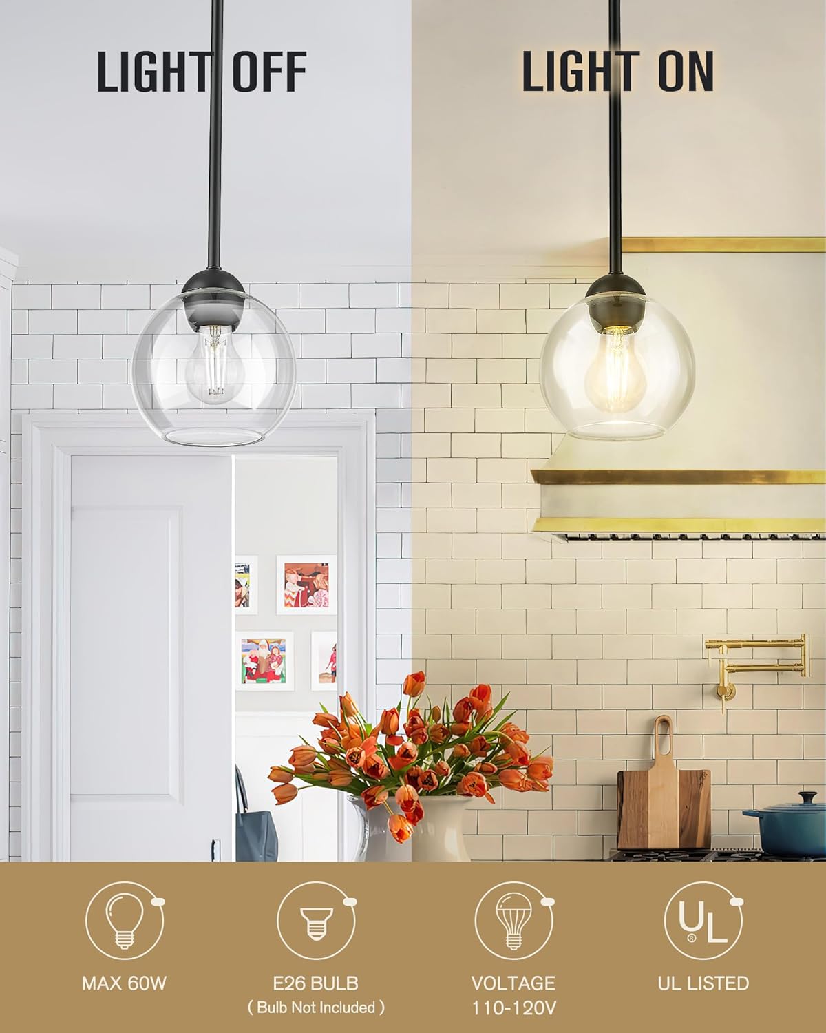 Emak 7 Inch Globe Pendant Light, Matte Black Pendant Light Fixtures with Clear Glass, 1-Light Hanging Lights for Kitchen, Bathroom, Bedroom, Hallway, 2 Pack, PL119-BK-2PK