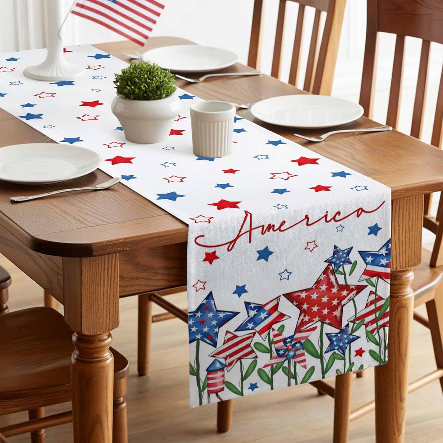 4th of July Table Runner 13x120 Inches Long American Flag Memorial Runner for Table Red White and Blue Patriotic Star Independence Day Table Runners Dresser Scarf for Kitchen Dining Memorial Day Party