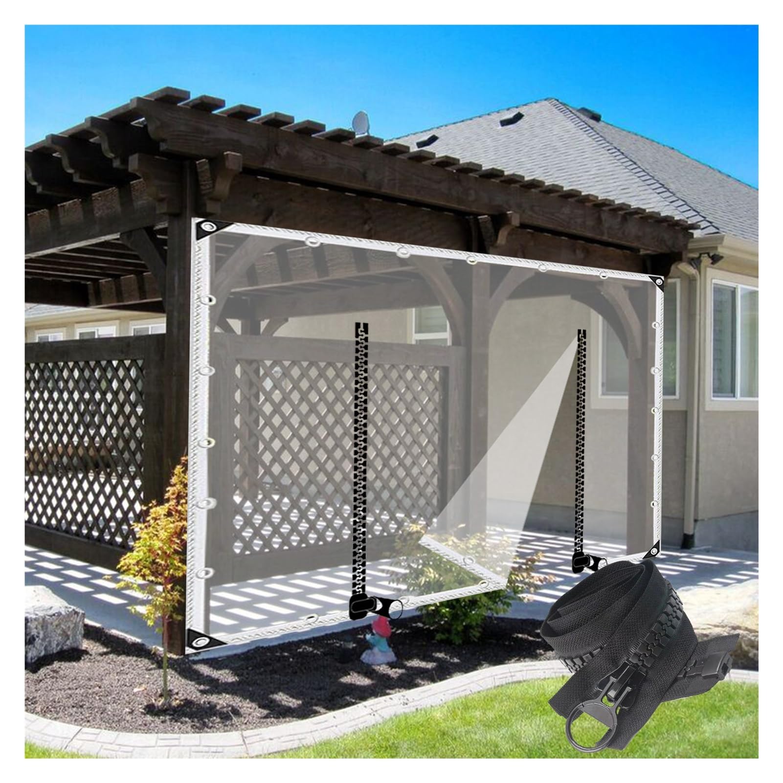 Telone Impermeabile per Esterno, Materiale PVC Pieghevole Antipioggia Telone 0.35mm Ideale Come Telone per Gazebo Pergola, con Cerniera (4x3.5m)