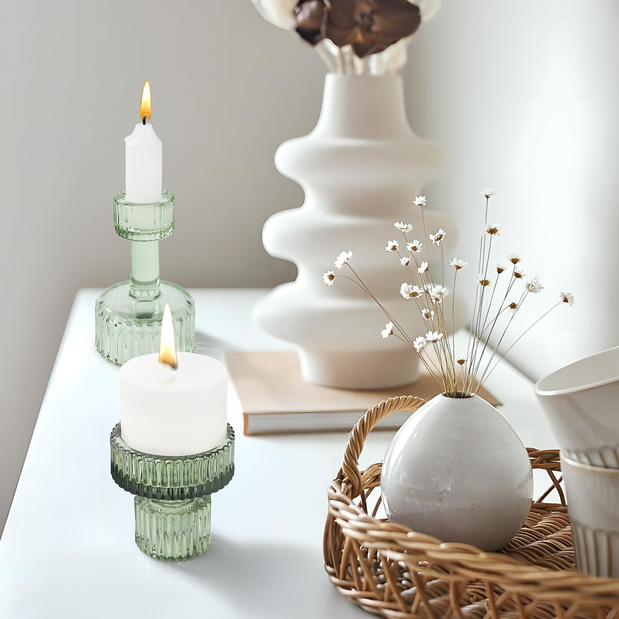 Joeyan Portavelas de Cristal Verde,Juego de 6 Portavelas Cónicos Acanalados para Velas de Té,Candelabro para Centros de Mesa, Bodas, Fiestas y Decoración del Hogar, Moderno Candle Holder, Idea Regalo