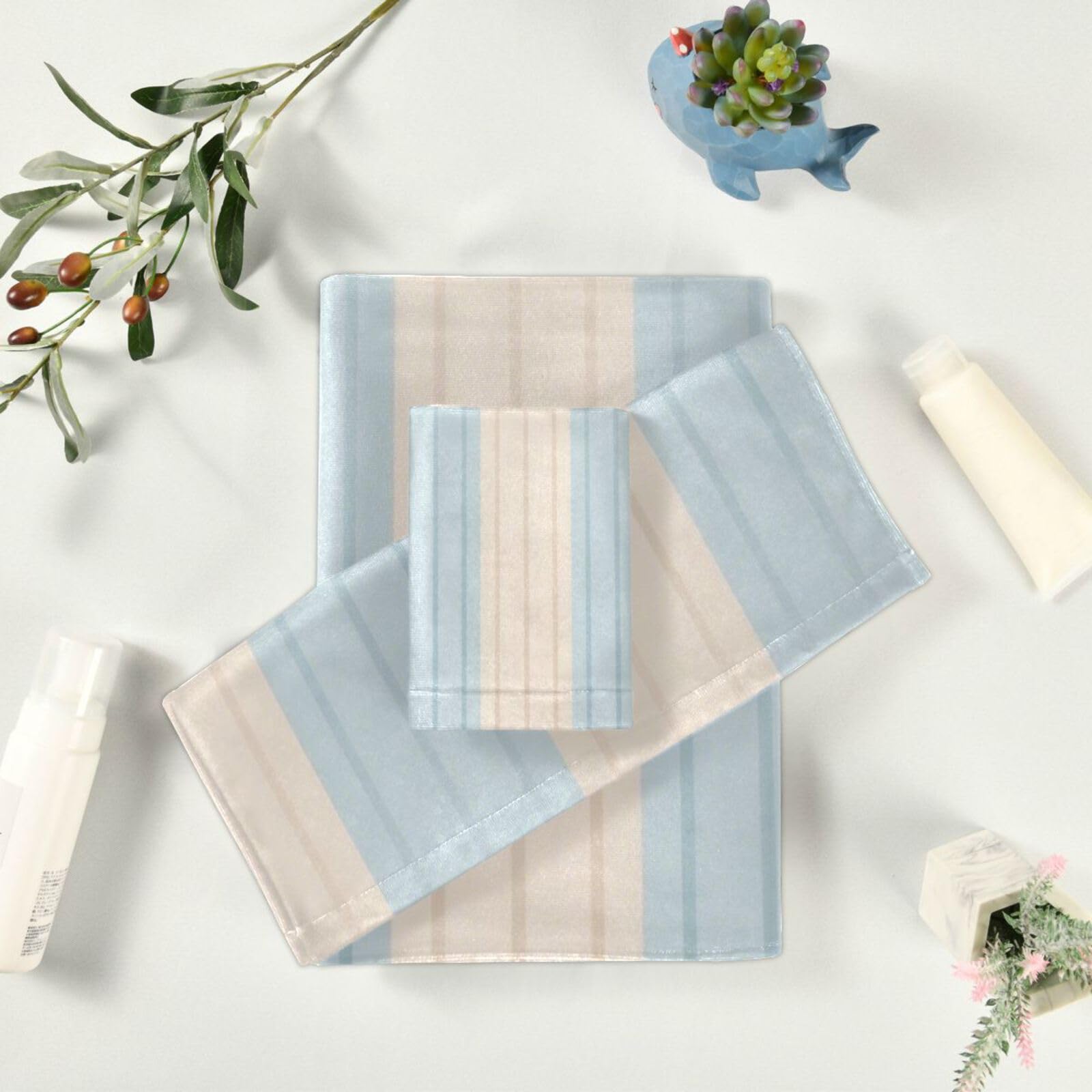 Set di 3 asciugamani assorbenti per il viso a righe blu, beige, tinta unita, set da 3 pezzi, 1 asciugamano da bagno, 1 asciugamano per le mani, 1 panno per la casa, cucina e famiglia