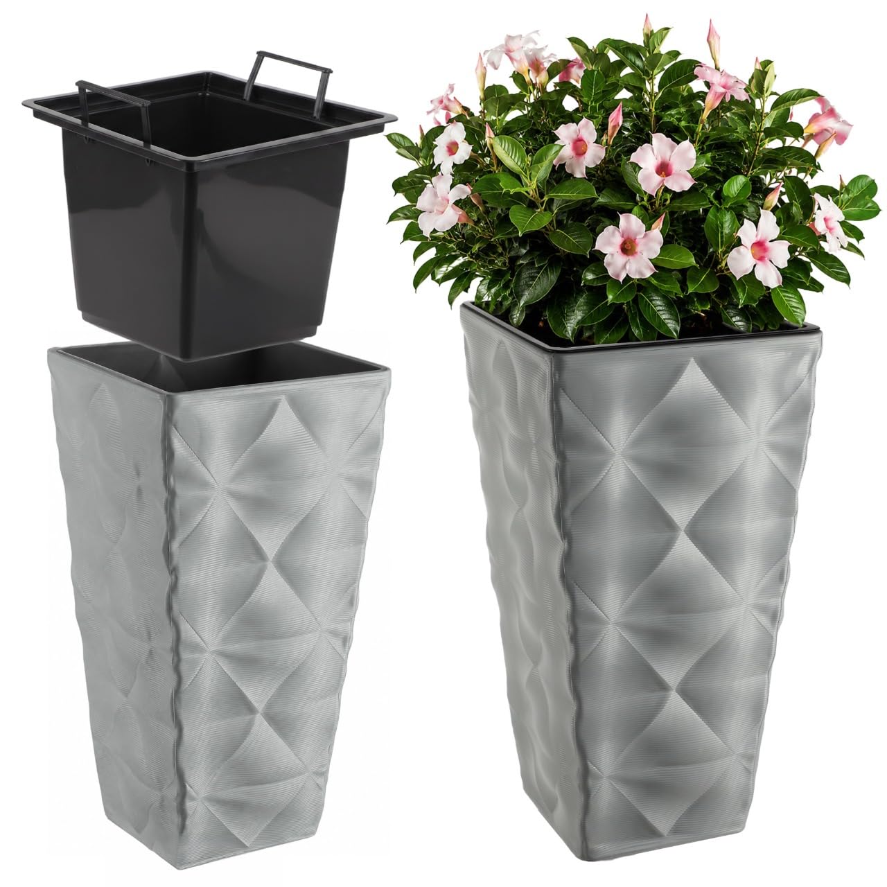 KADAX Pot de fleurs avec effet 3D, bac à fleurs en plastique en 4 couleurs, bac à plantes avec insert et poignées pratiques, pot en plastique, pot pour plantes d'extérieur (gris hauteur : 55,5 cm)