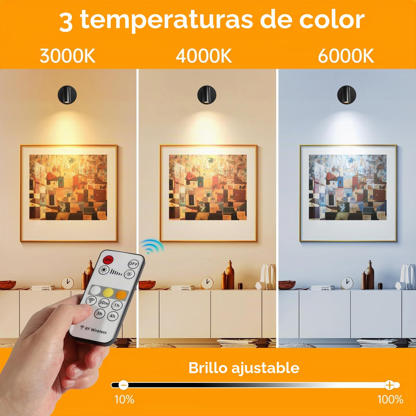 Aplique Pared Interior Regulable, Lampara Pared sin Cable con Control Remoto - 3 Modos de Luz Foco LED con Ajuste de Brillo Ajuste Ángulo 350° para Plantas, Pintura y Obras de Arte, 1 Unidad