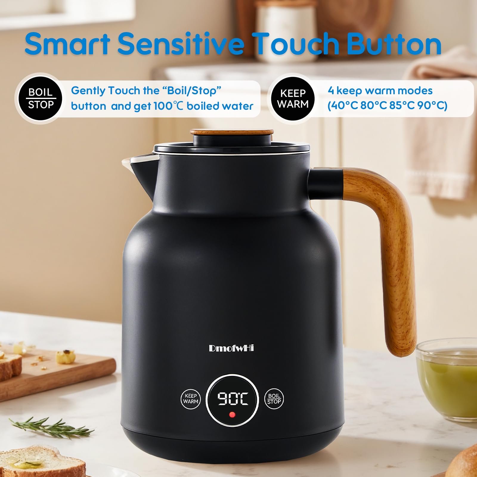 DmofwHi Bouilloire Electrique Inox 1L, 1000 W, Affichage Numérique, 5 Niveaux de Température, Fonction de Maintien au Chaud 4H, Double Paroi, Idéale pour le Café et le Thé au Bureau – Noir