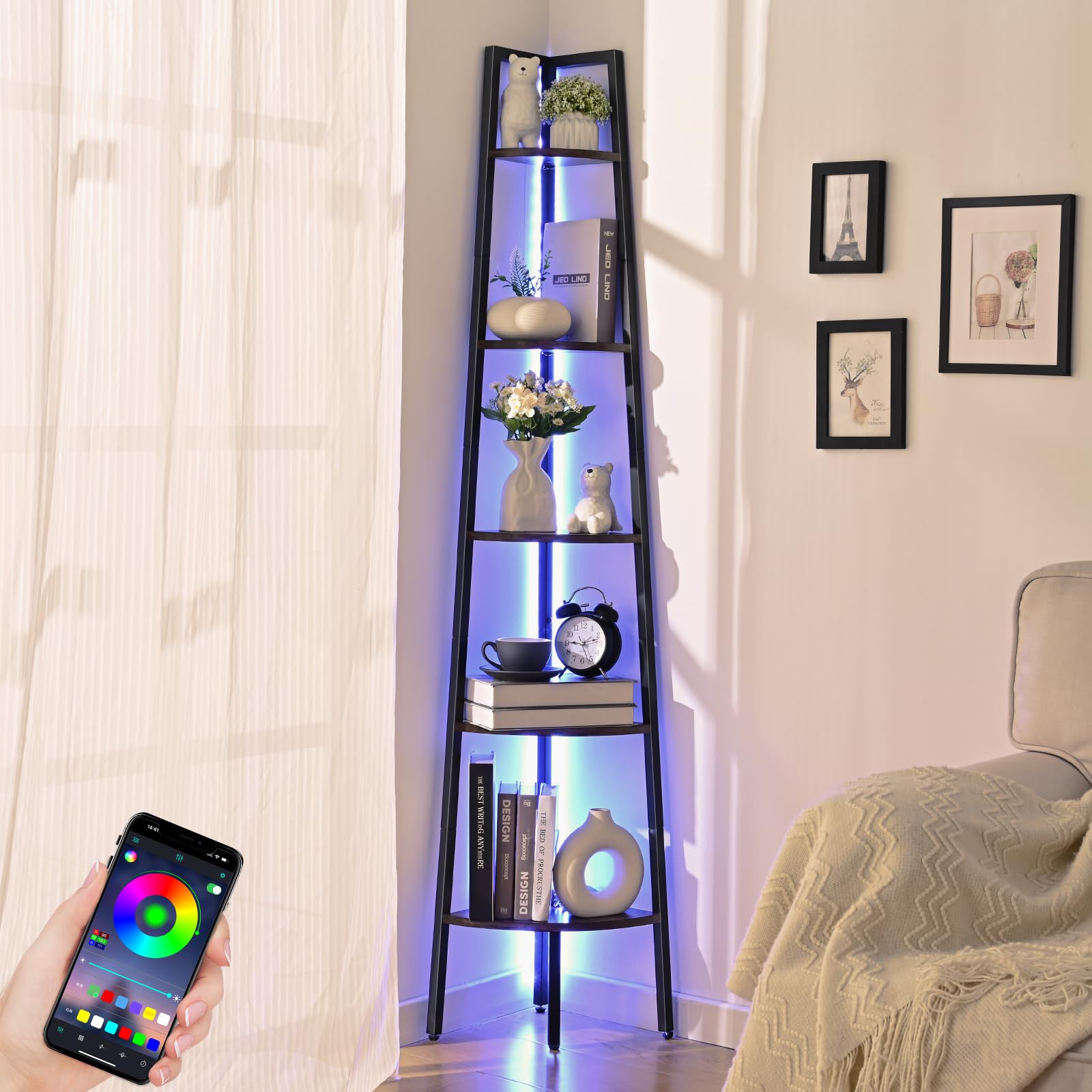 Waipfaru Corner Shelf, 5-Tier Corner Bookshelf with LED Light, 67.5in Corner Shelves for Bedroom, Tall Standing Shelf with Steel Frame, Storage Shelves for Office Living Room