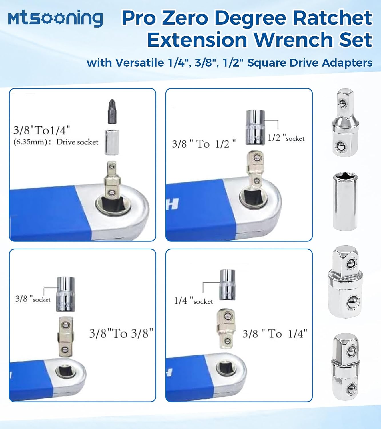 Mtsooning Offset Extension Wrench Set with 1/4",3/8",1/2" Square Drive Adapters and 1/4" Socket,Orange