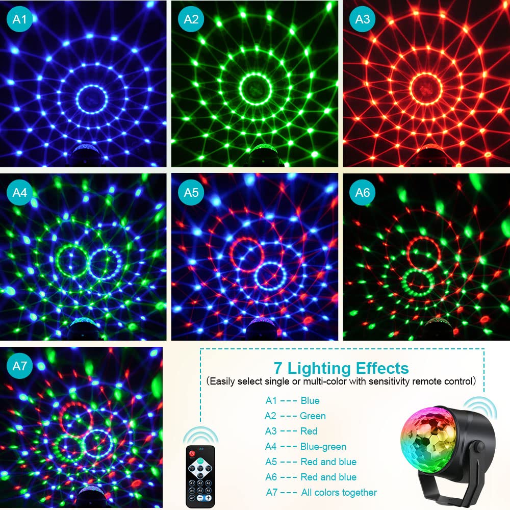 URAQT Luci Discoteca LED, 360 ° Ruotabile Musica Attivata Telecomando Luci da Festa, 7 RGBP Colori Fari per Illuminazione Palco per Natale, Bar, Club, Festa, Riunione di Famiglia (2 Pezzi)