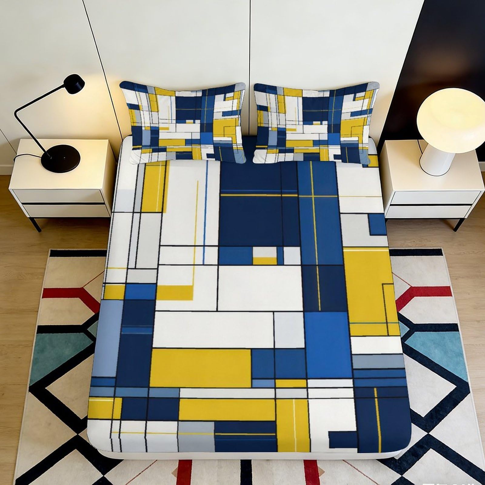 Modern abstract geometric 3D Printed Fitted Sheet, Microfiber soft touch, blue yellow pattern, home, guest room, apartment bedding, easy care 90x200x25cm