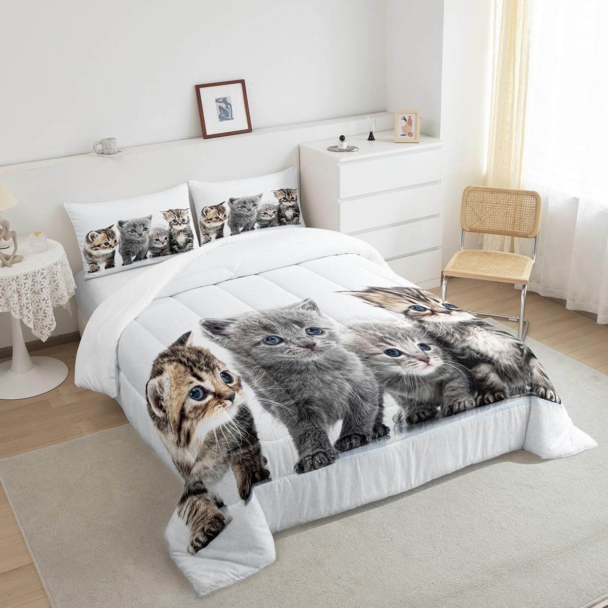 Feelyou Bettwäsche-Set für kleine Katzen, Bettdecken-Set für Katzenliebhaber, Tiermotiv-Design, für Jungen und Mädchen, Kinderzimmer-Dekor, niedliches Kätzchen-Aufdruck, Doppelbettgröße, mit 1