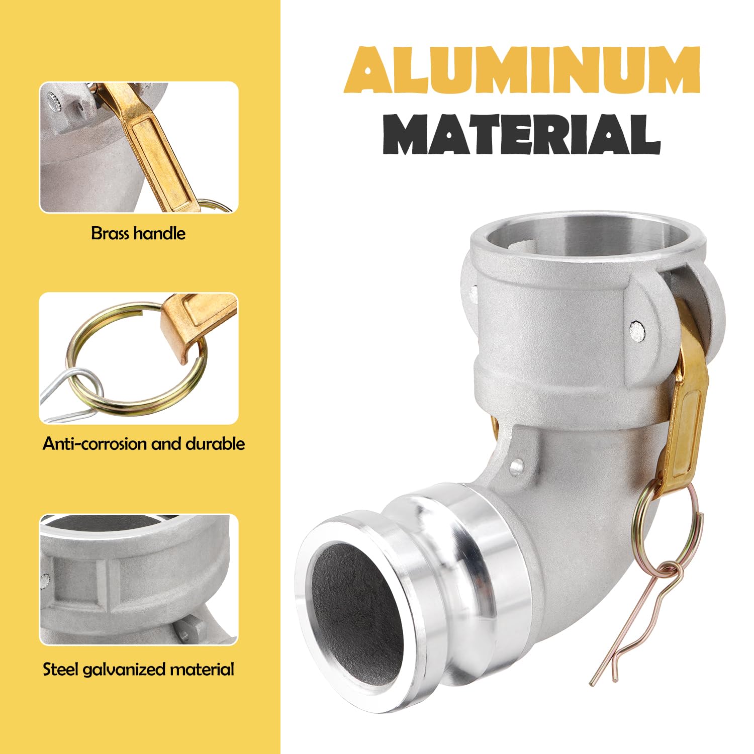 Acoplamiento de manguera de leva y ranura tipo DA, codo de 90 grados, Camlock hembra de 2 pulgadas x Camlock macho de 2 pulgadas, 250 PSI, material de aluminio, DA2020