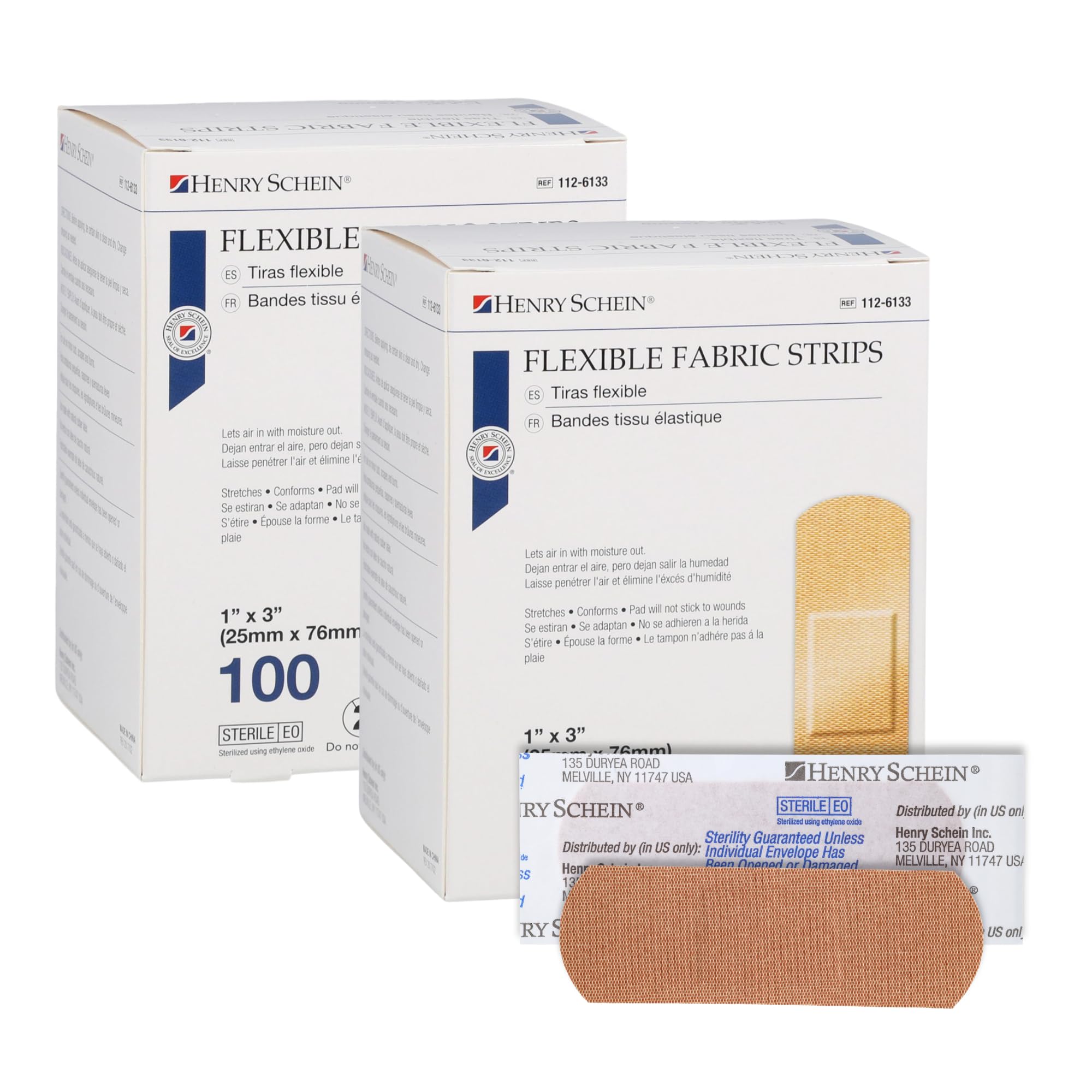 Henry Schein Sterile Adhesive Fabric Bandages, 1" x 3" – Box of 200 Flexible, Breathable Strips – Soft, Stretchable Wound Covers for First Aid,