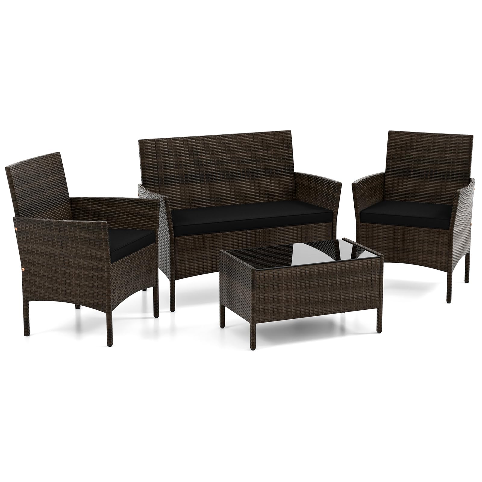 DORTALA 4-Piece Rattan Patio Furniture Set, Outdoor Table & Chair Set with Tempered Glass Coffee Table, Cushion, Wicker Conversation Set for Garden,