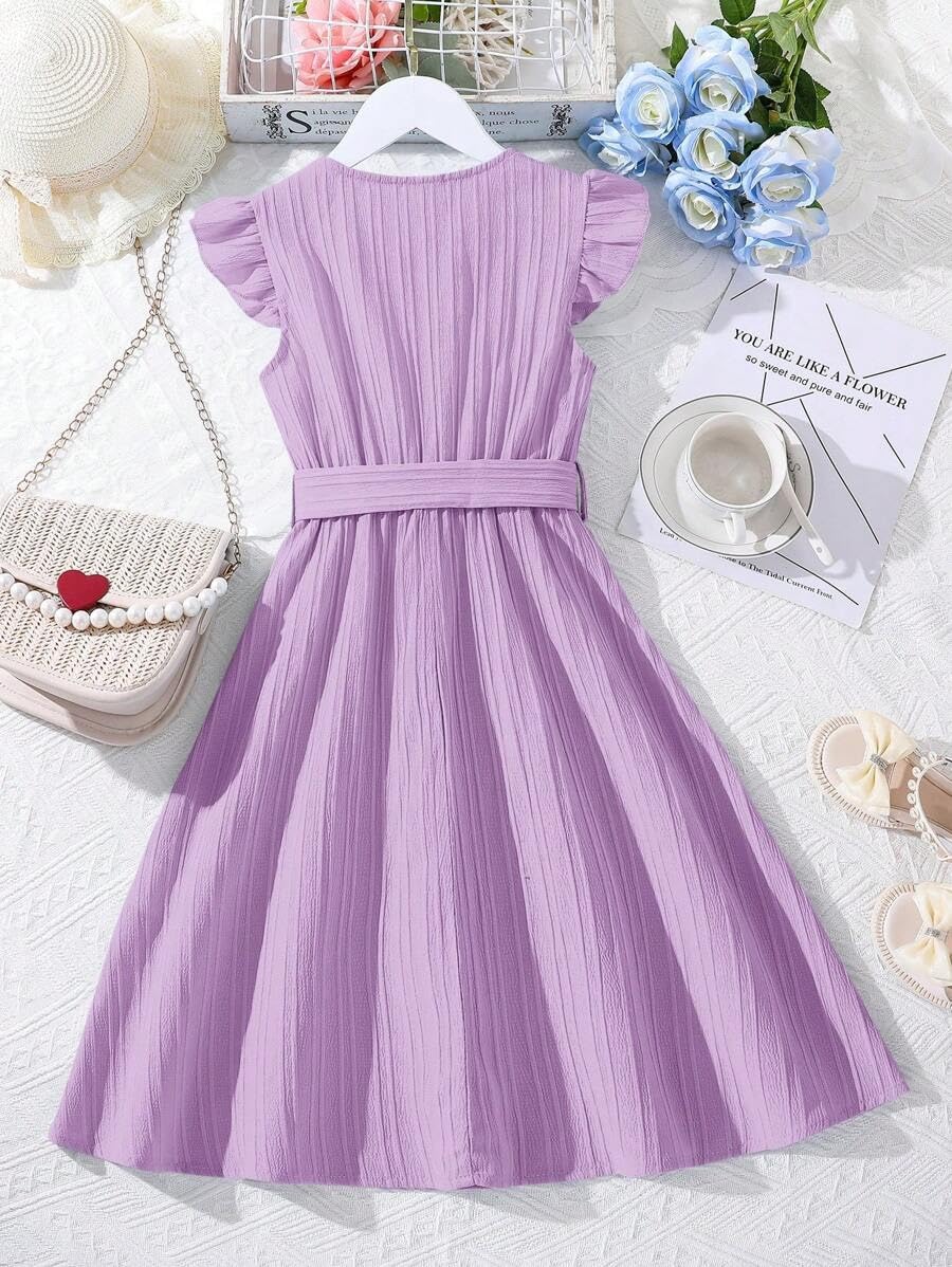 PAMBERSTON Baby Girl's Polyester Blend Frock with Short Ruffle Sleeves Round Neck Solid Pattern A Line Style Knee Length and Waist Bow Purple 2
