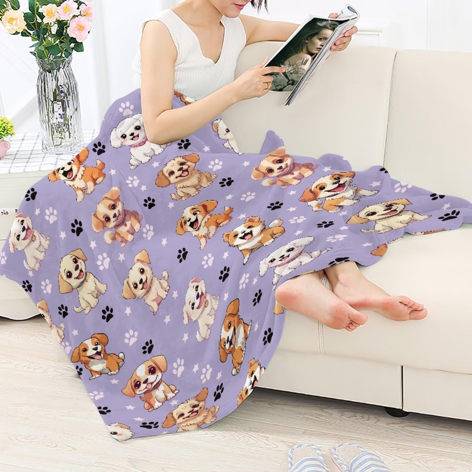 chaqlin Manta de franela para mascotas, mullida, con estampado de patas, súper cálida y suave, para funda de cama, tapete de sueño mullido para perros y gatos, mantas moradas para cachorros para niños
