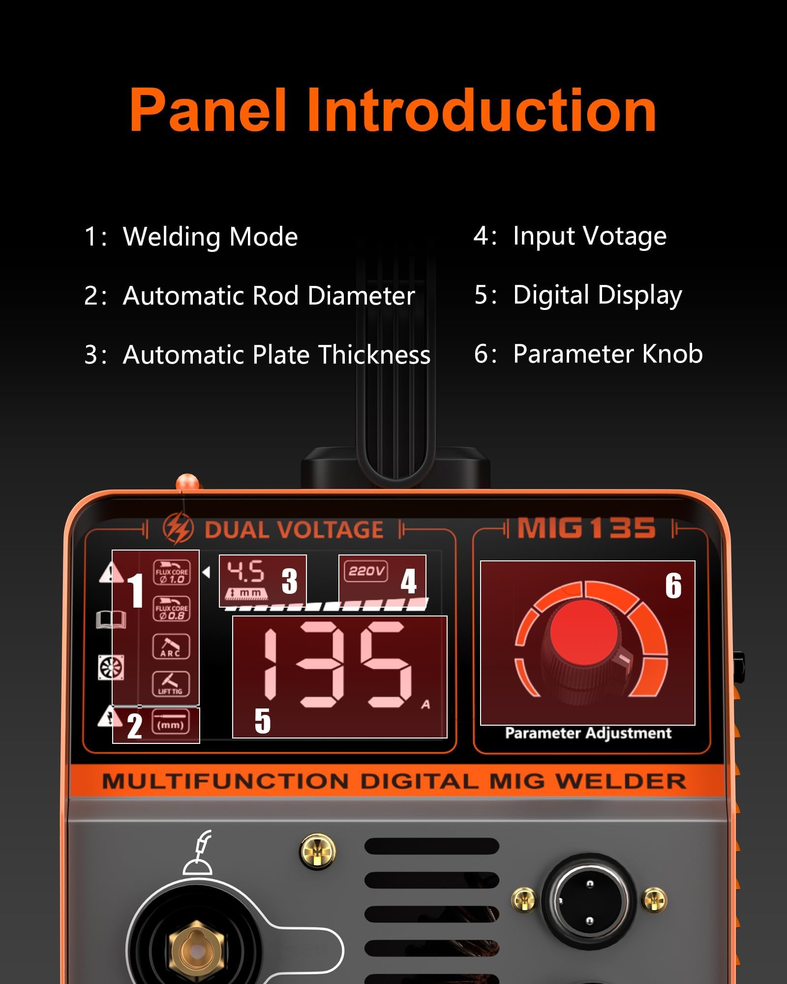 135A Flux Core MIG Welder, 110V/220V Gasless Flux Core/Lift TIG/Stick 3 in 1 Portable Welding Machine, IGBT Inverter Wire Feed Welder with LED Display & Synergic Control, Complete Kit for Beginner