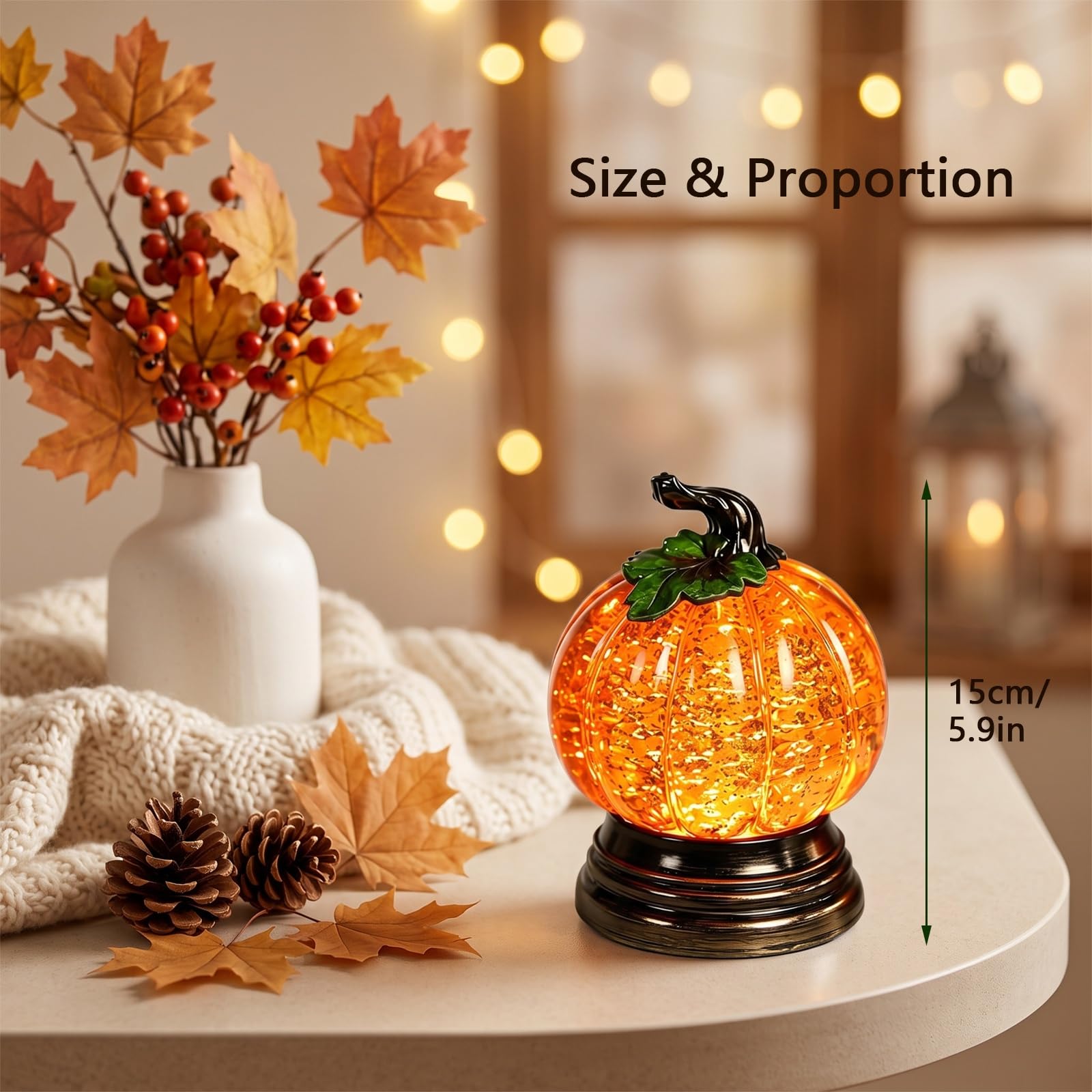 Globo neve zucca illuminato glitterato, simpatico globo neve autunnale | Centrotavola autunnale Halloween con calda luce LED arancione, decorazione caminetto Ringraziamento for casa, tavoli(2pcs)