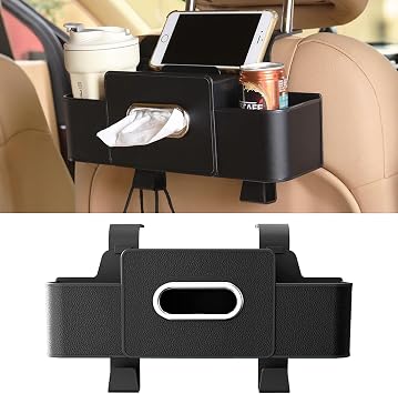 Car Back Seat Organizer with Tissue Box & Storage Hooks Multifunctional Car Seat Organizer for Phone, Drinks, Handbag & Essentials, Universal Fit for Most Vehicles Black