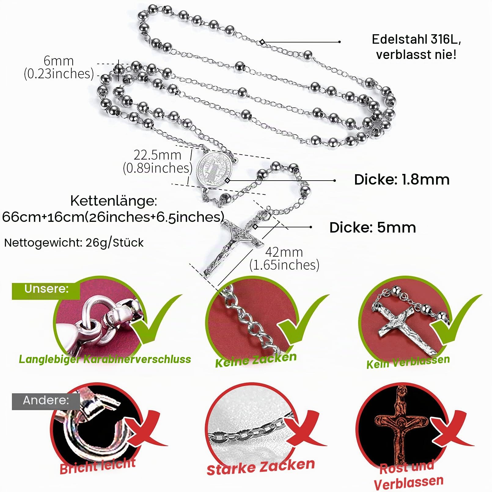 FaithHeart Rosenkranz Kette Damen Herren Kreuzkette Rosenkranzkette Edelstahl Halskette mit Benedikt von Nursia Medaille Gebetskette Lang Rosary Necklace Schutz Amulett Schmuck