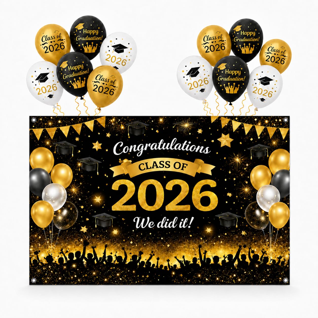Prom 2026 Banner, Large Prom Photo Backdrop Set with Black Gold Balloon Graduate Prom Party Decoration, 2026 Graduation Banner Set for High School College Graduation or Proms Party(180 x 110cm)