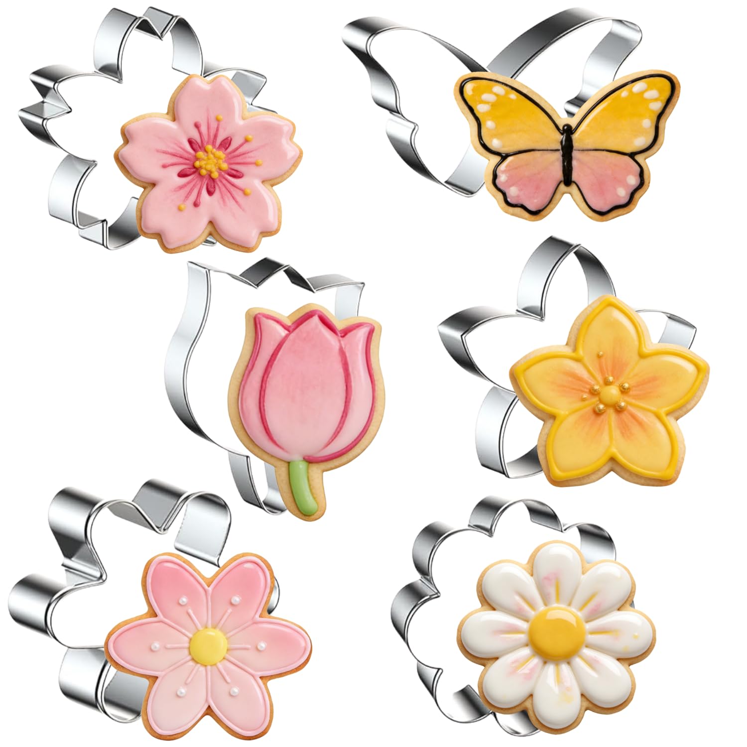 Flower Cookie Cutter Set, 6 PCS Tulip, Cherry Blossom, Frangipani, Daisy, Sunflower, Butterfly, Stainless Steel Holiday Cookie Cutter Shapes for Baking Biscuit Molds
