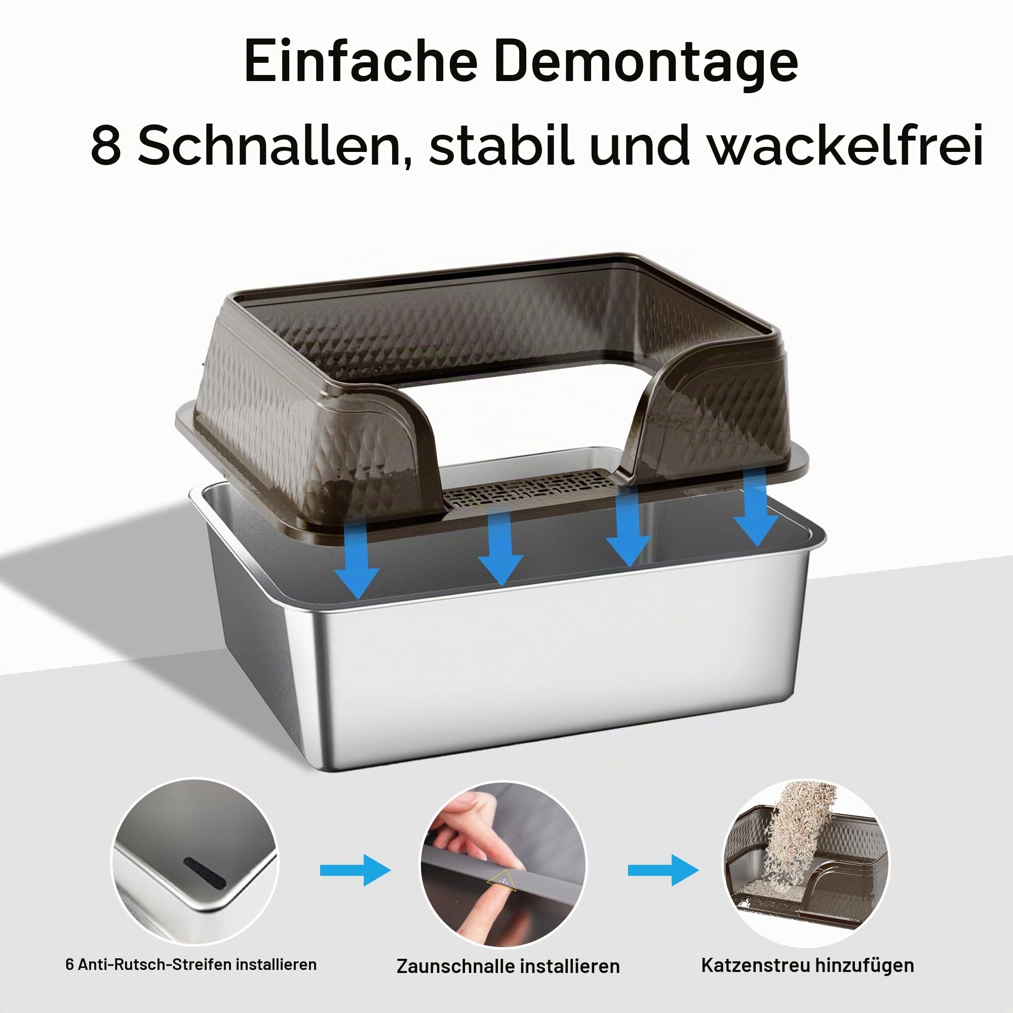 Suhaco Edelstahl Katzenstreu Box mit Deckel Kitty Schwarze Katzenstreu Matte und weißer Scoop Inklusive Covered Metal High Sided Abnehmbare große Katzenstreu Box Gehäuse 60×40×30(Schwarz XXL)