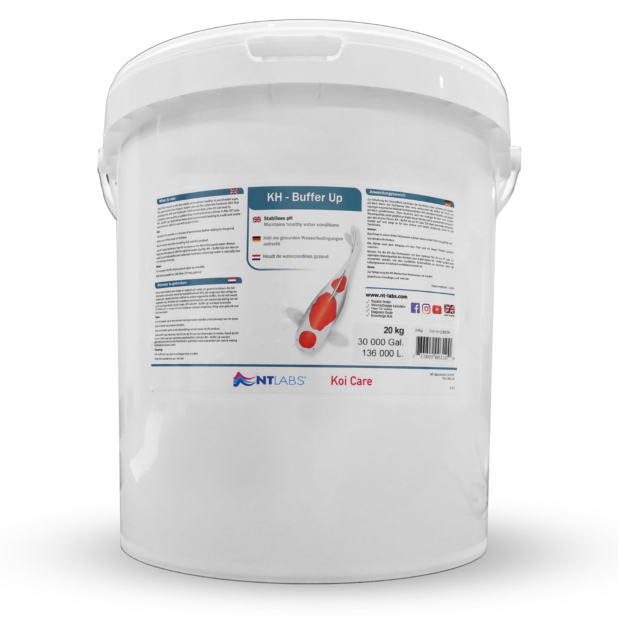 NT Labs Koi Care KH Buffer Up, Increases Carbonate Hardness of Pond Water, Maintains Pond Water Quality, Provides the Optimal Habitat for Your Fish and Other Pond Life, 20kg