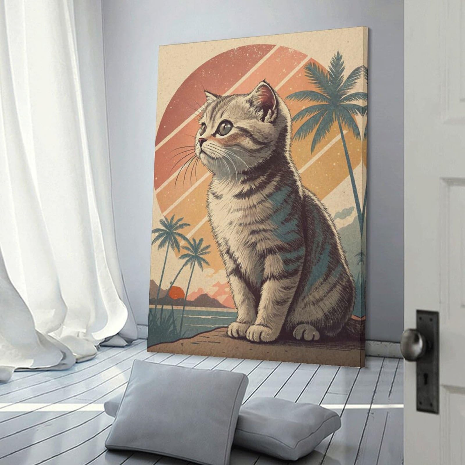 Junmoney Retro Cat on Tropical Island Wall Art Print, 20x30inch(50x75cm), for Bedroom Decor, Cosy Corners Or Studios, Decorative Wall Art for Cosy Rooms
