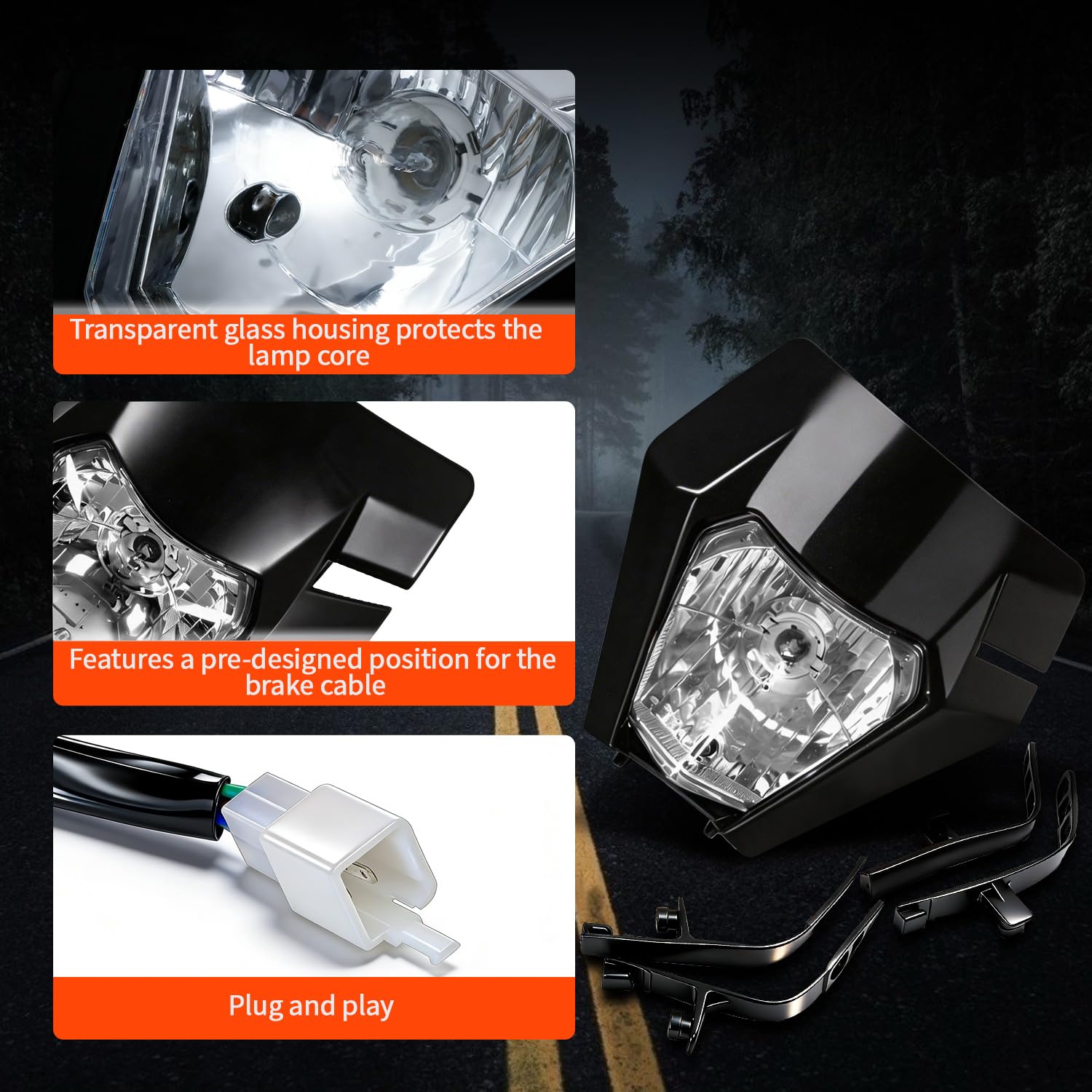 JFG RACING Phare Moto, Plaque Phare Moto Phare Avant Moto Face Avant-Noir | pour Moto 50cc KTM EXC250 SX250 SXF250 EXC450 SX350 SXF450 EXC525 640LC4 Dirt Bike Enduro ATV Scooters
